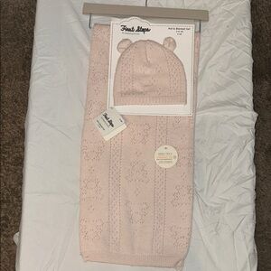 First Steps Pink Baby Blanket and Hat Set